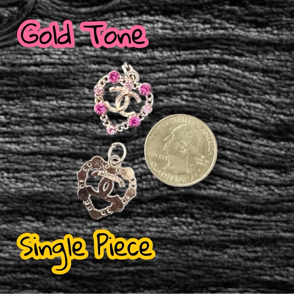Single Piece Pink Rhinestone CC Heart Gold Tone Zipper Pull Charm